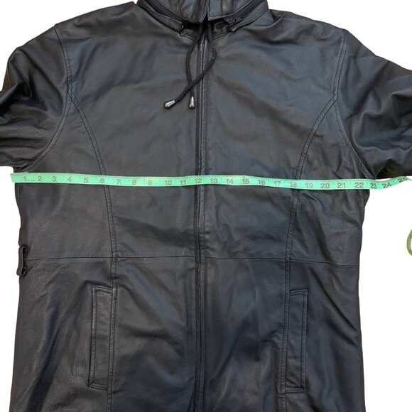 Black Hooded Leather Jacket w/ Faux Fur Lining & Cuffs Womens SZ L *NO BELT* - Picture 5 of 6